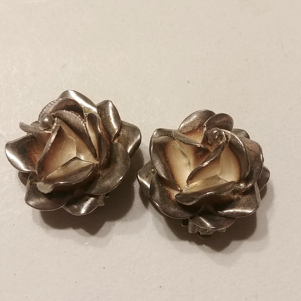 925 Mexico Silver Rose Flower Clip on Earrings